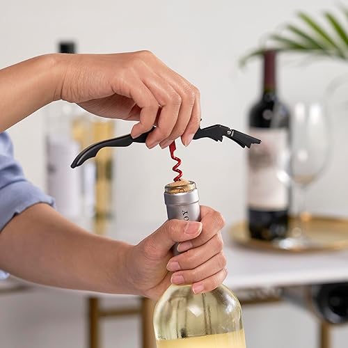 Vista 17 de True Truetap - Abrebotellas de vino con doble bisagra, sacacorchos de acero inoxidable con cortador de papel de aluminio integrado, accesorios