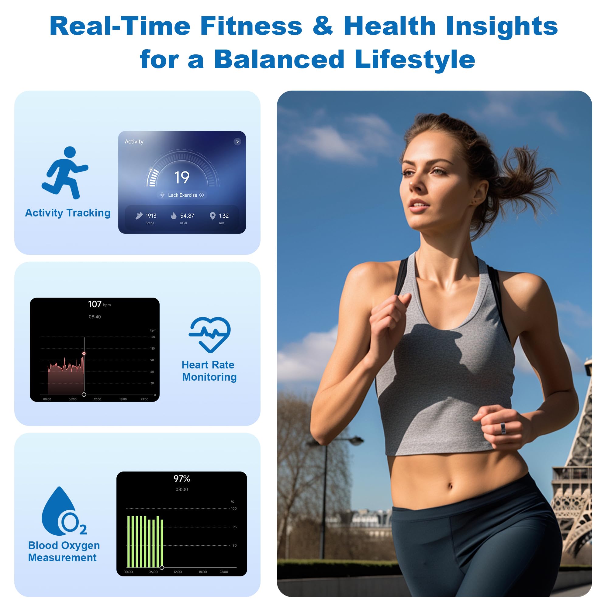 Anello intelligente per donne e uomini, in titanio, con monitoraggio della frequenza cardiaca, conteggio dei passi, calorie, monitoraggio del sonno e dello stress, per iPhone e Android, senza