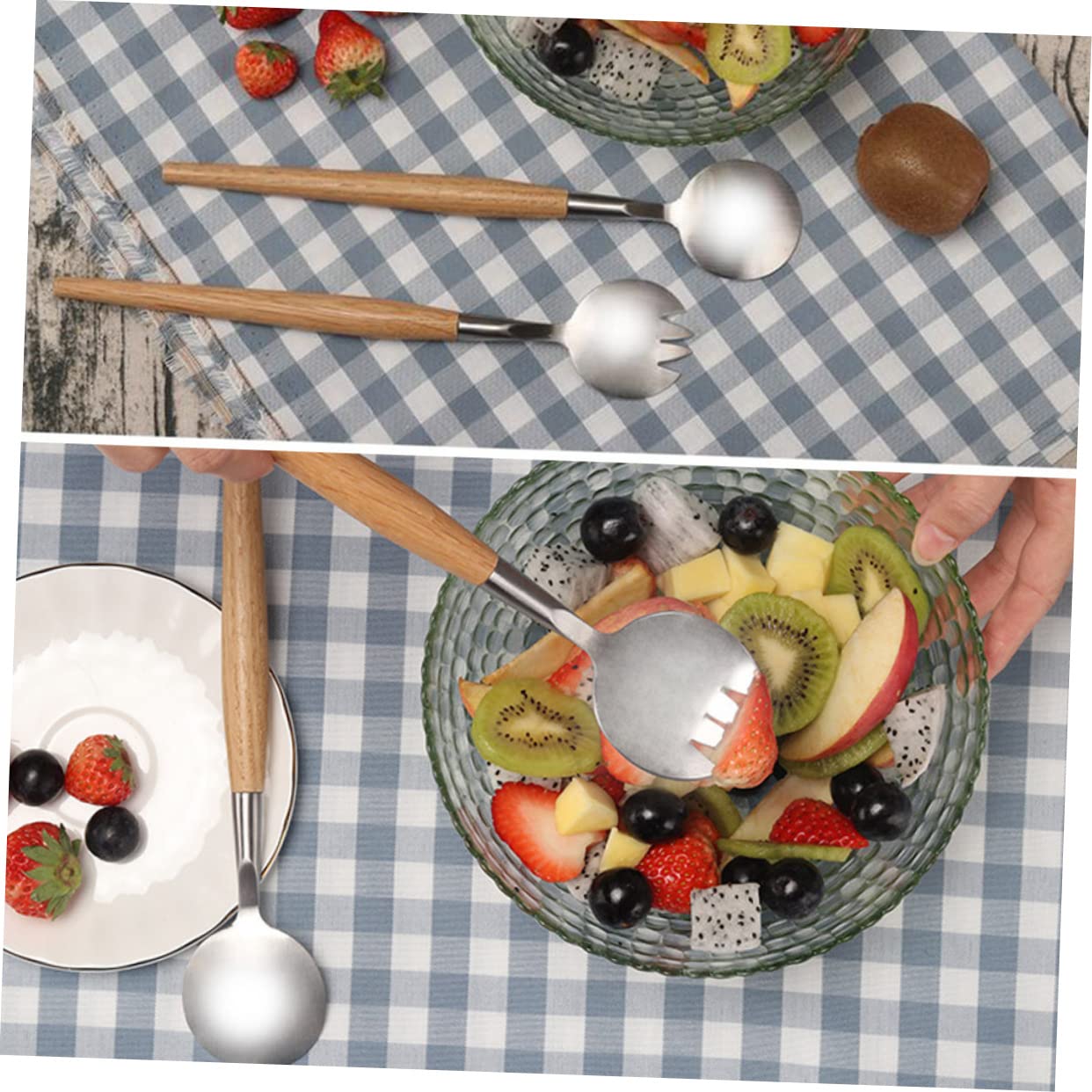 SOLUSTRE Salad Fork Steel Spoon Wooden Handle Serving Fork Dinner Salad Tableware
