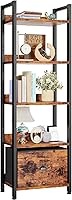 Furologee 5-Tier Tall Narrow Bookshelf with Fabric Drawer & Power Outlets - Industrial Rustic Brown Bookcase for Bedroom, Living Room