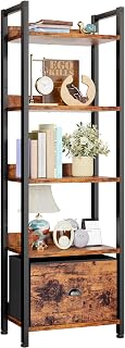Furologee 5-Tier Tall Narrow Bookshelf with Fabric Drawer & Power Outlets - Industrial Rustic Brown Bookcase for Bedroom, Living Room