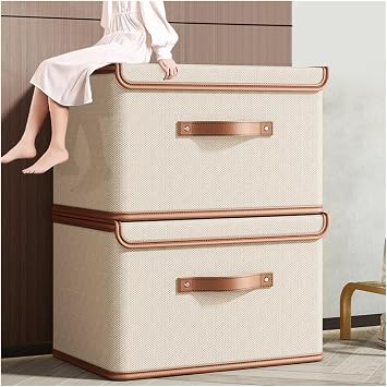 Clothes Storage bag Large Capacity Foldable Quilt Clothes Storage Bag Dust-Proof Sweater Blanket Organizer Box With Handle Storage Bins(Beige 37x27x26cm)