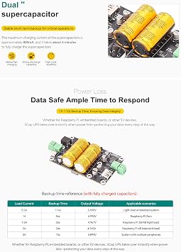 SCap Supercapacitor UPS Module 5V Output, 5V-24V Input Backup Power Board, Dual Supercapacitors, Type-C/DC/Screw Terminal Input, USB-A/Screw/Header Output, 15-110s Hold-Up, Protections, Status LEDs