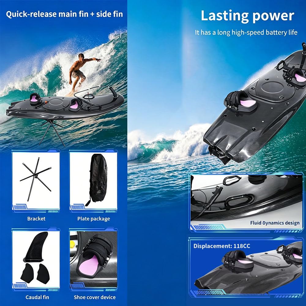 118-Cm³ Carbonfaser-Highspeed-Jet-Surfbrett, 12-Kw-Benzin-Surfbrett, 65 Km/H, Mit 5-L-Tank Und 3 Abnehmbaren Finnen, Tragfähigkeit 150 Kg, Für Wassersport