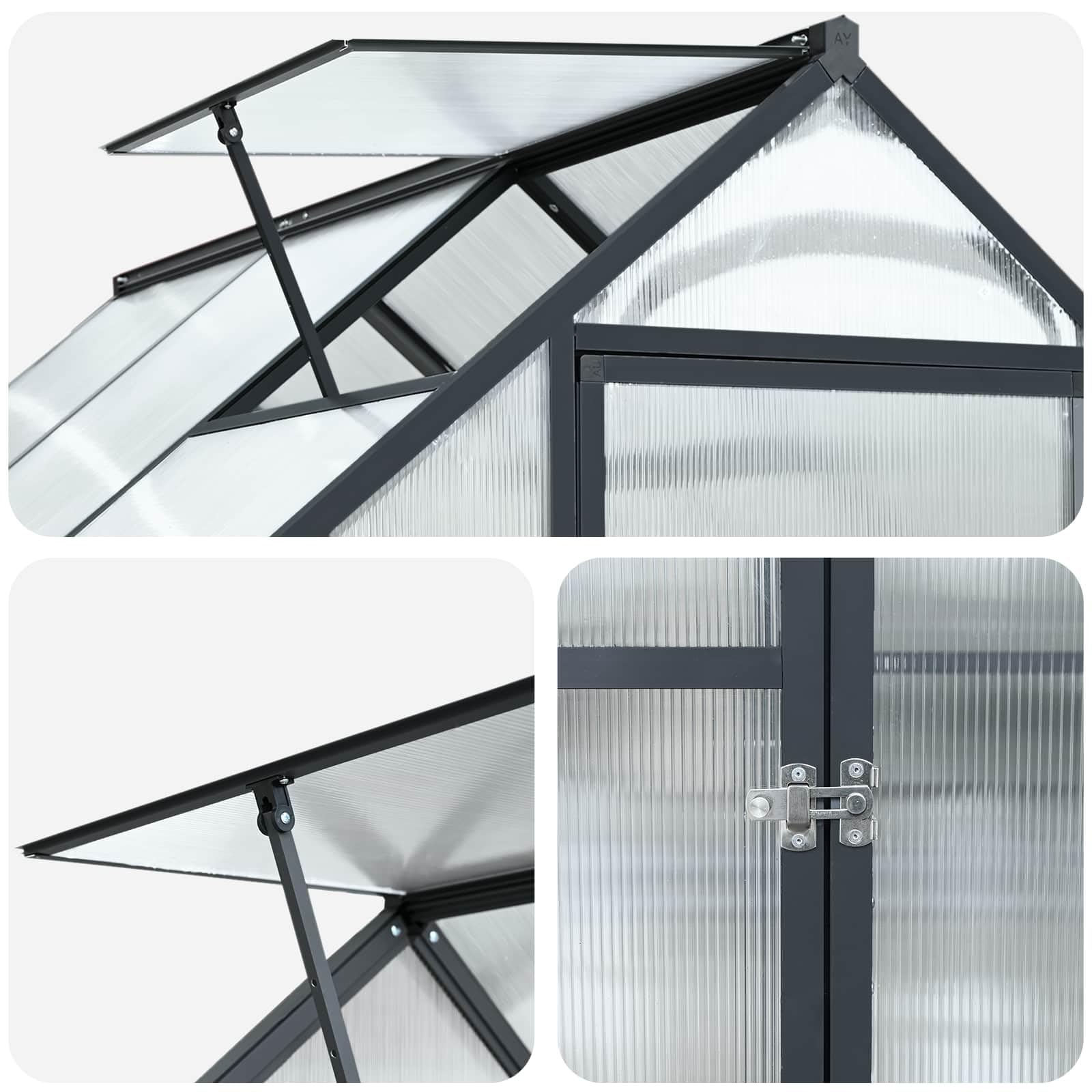 Aluminiowa szklarnia ogrodowa ocynkowana 183,5 x 303,5 x 207 cm | Regulowana wysokość, przenośna, odporna na warunki atmosferyczne, montaż 3-osobowy, kształt
