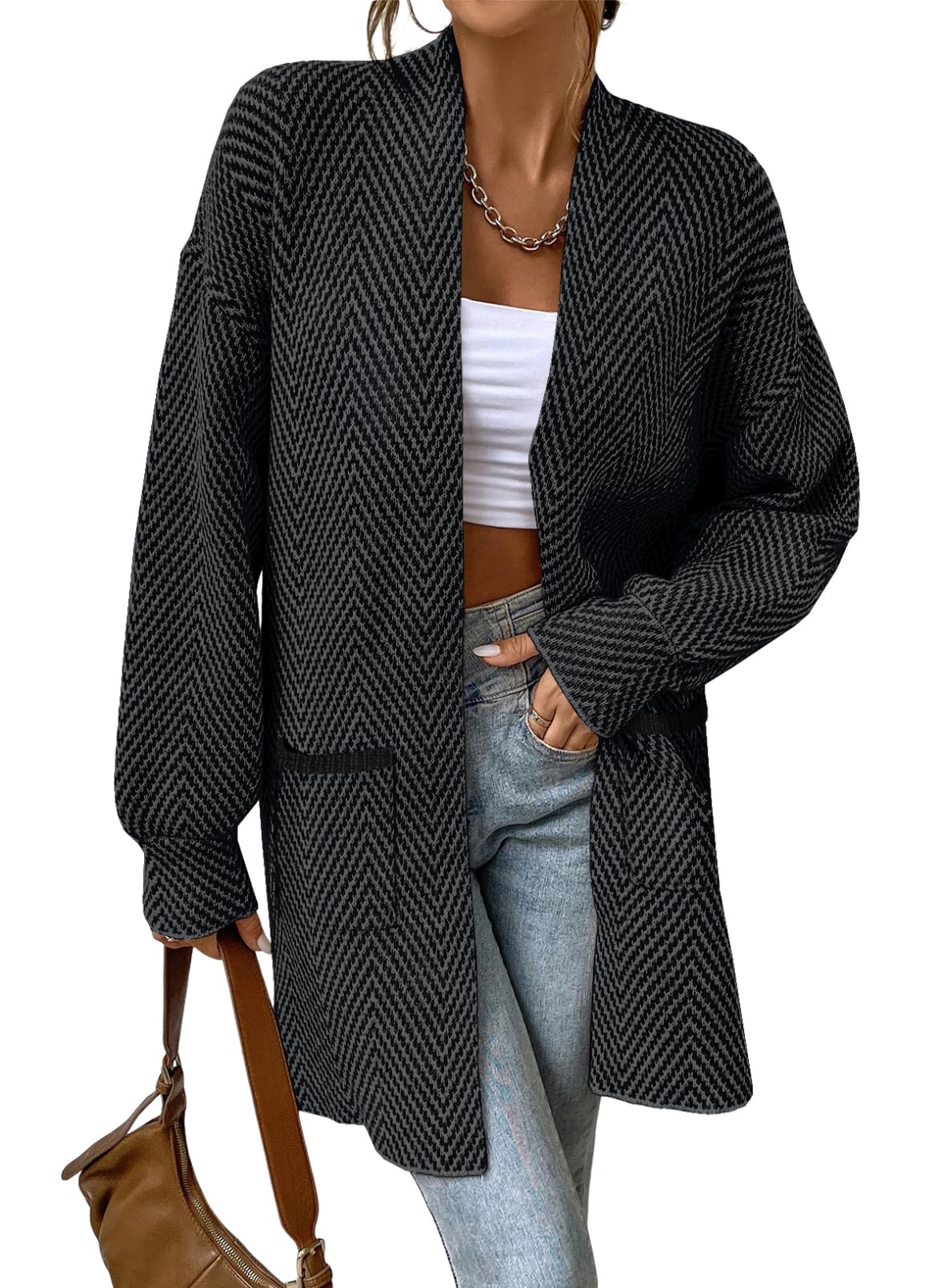 sidefeel Women's Cardigan Sweaters 2026 Long Sleeve Open Front Chevron Striped Fall Outfits Chunky Knit Sweaters Coat-picture-33