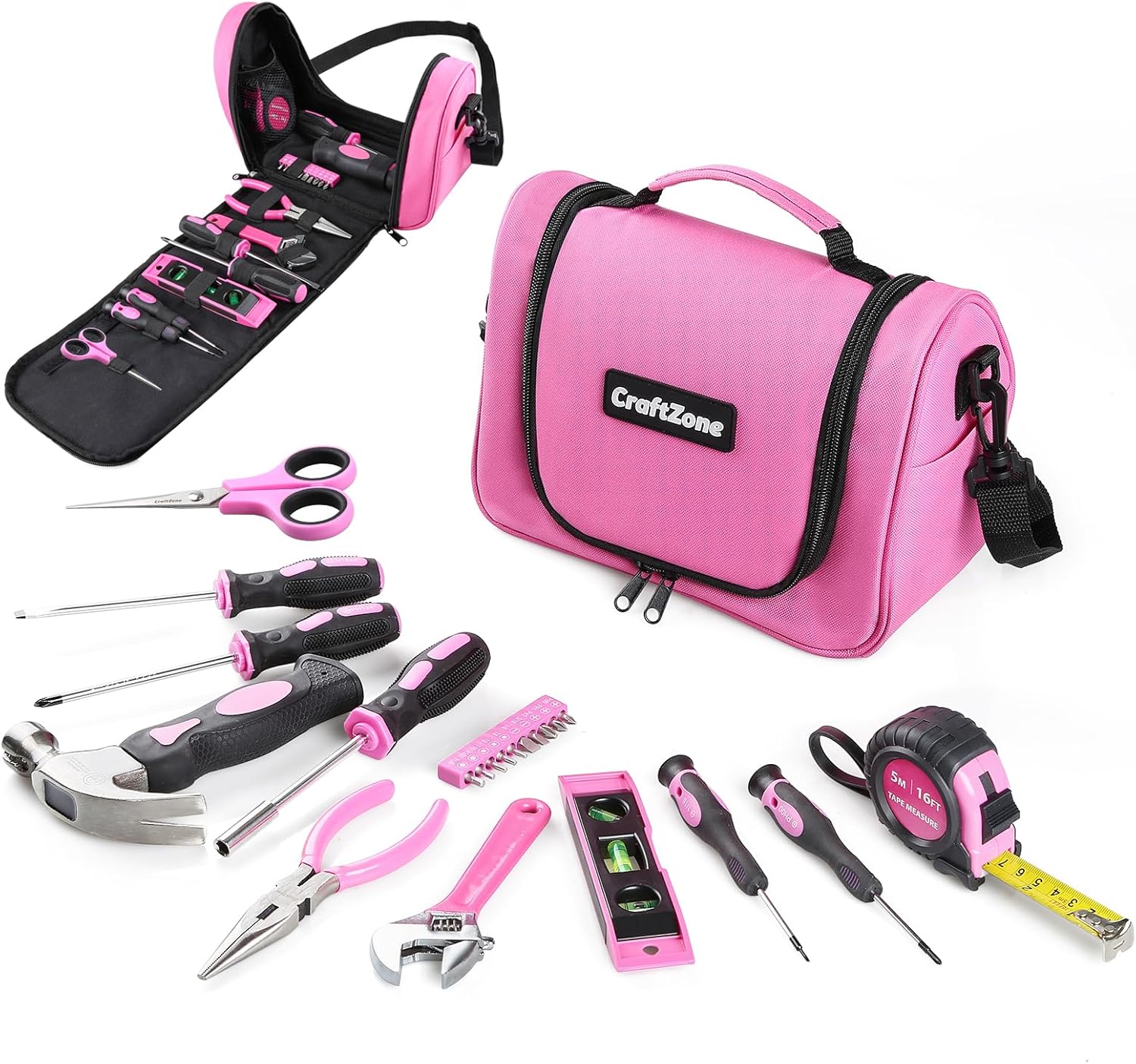 CraftZone Pink 21-Pc Tool Kit with Shoulder Strap Bag - Portable Basic Tools for Women, Home, Dorm, DIY, Office