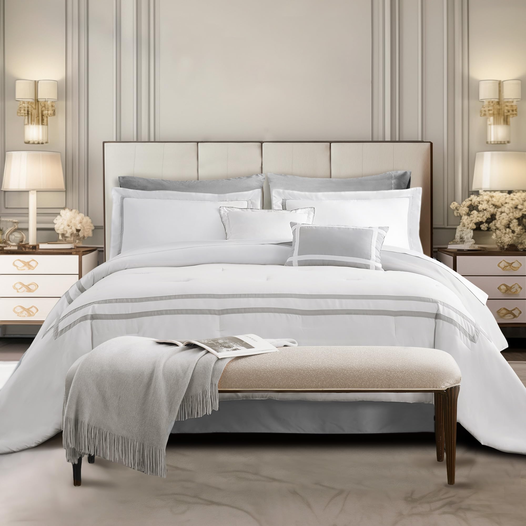 SHALALA White Hotel Comforter Set Queen 8 Piece Bedding Set Luxury Hydro-Brushed Modern Lightweight Comforter with Sheets, Pillow Shams, Decorative Pillow for All Season