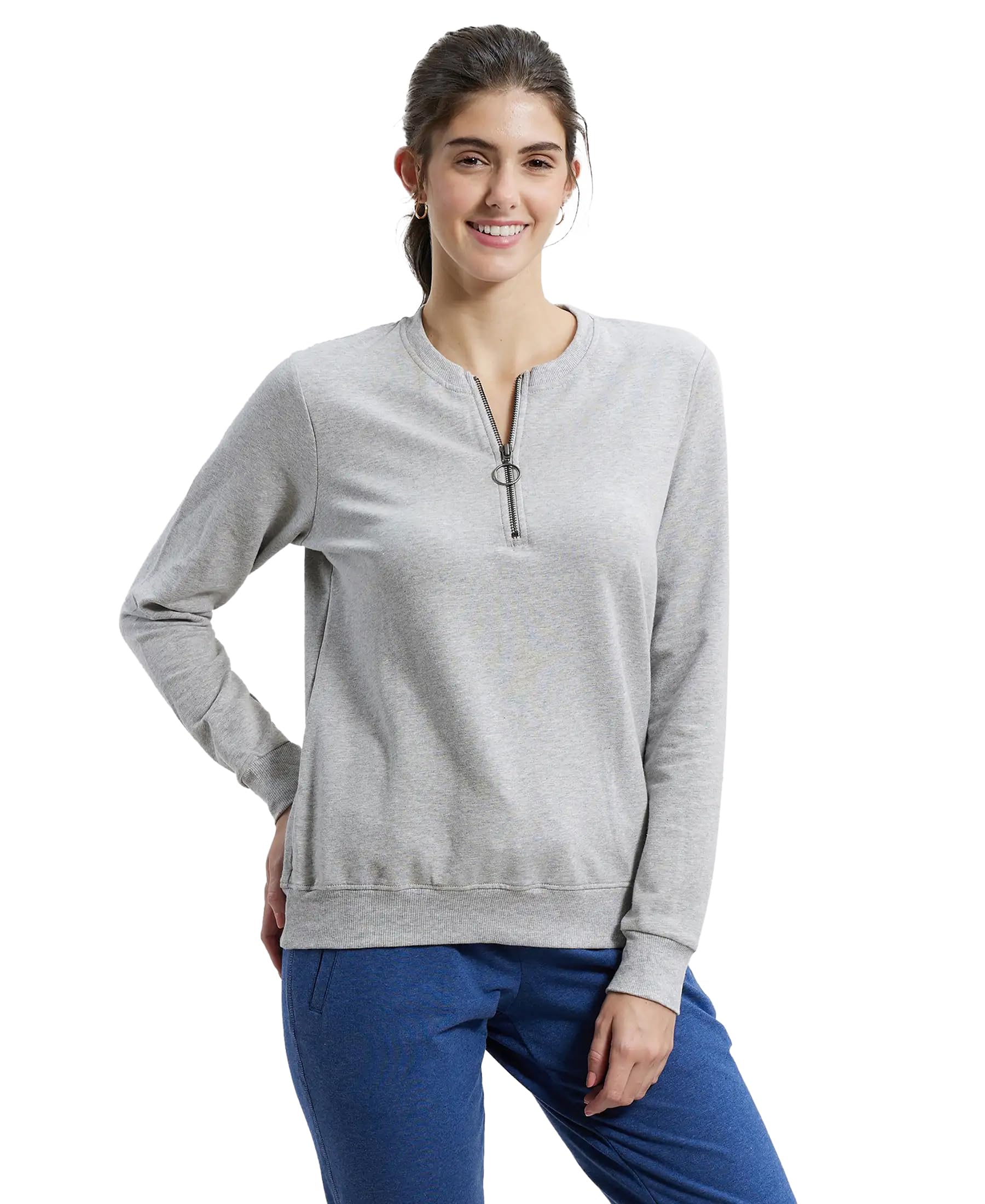 Jockey UL11 Women's Super Combed Cotton Elastane Stretch Melange Sweatshirt with Round Neck Half Zip-image-4