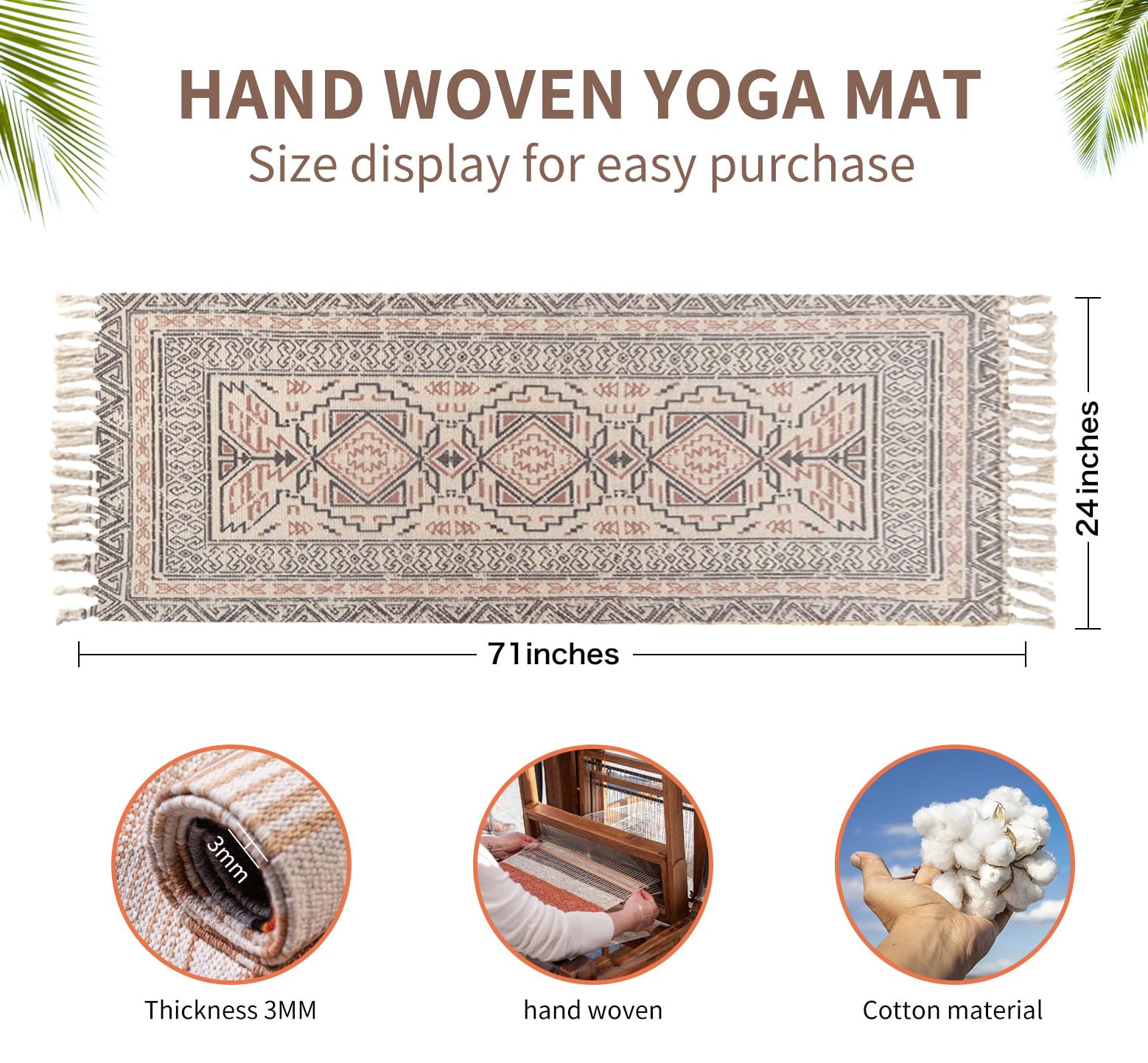 Cifupy Tapis de yoga bio fait à la main en coton bio – Tapis de yoga antidérapant tissé à la main pliable offrant un excellent confort, traction et soutien pour une utilisation en intérieur et en