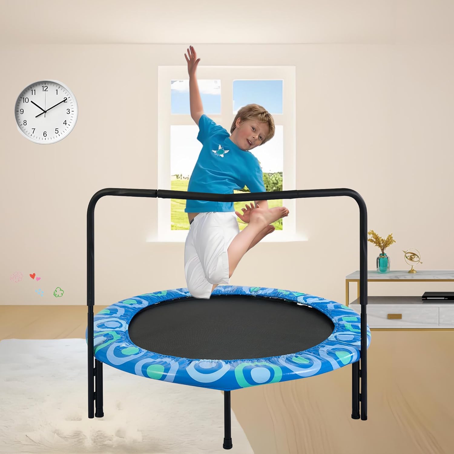 ESPIDOO Kids Trampoline with Safety Handles: Foldable Round Bouncer for Indoor & Outdoor Play – Blue/Black/Green Jumping Mat for Children Ages 3-7 (Metal Frame)