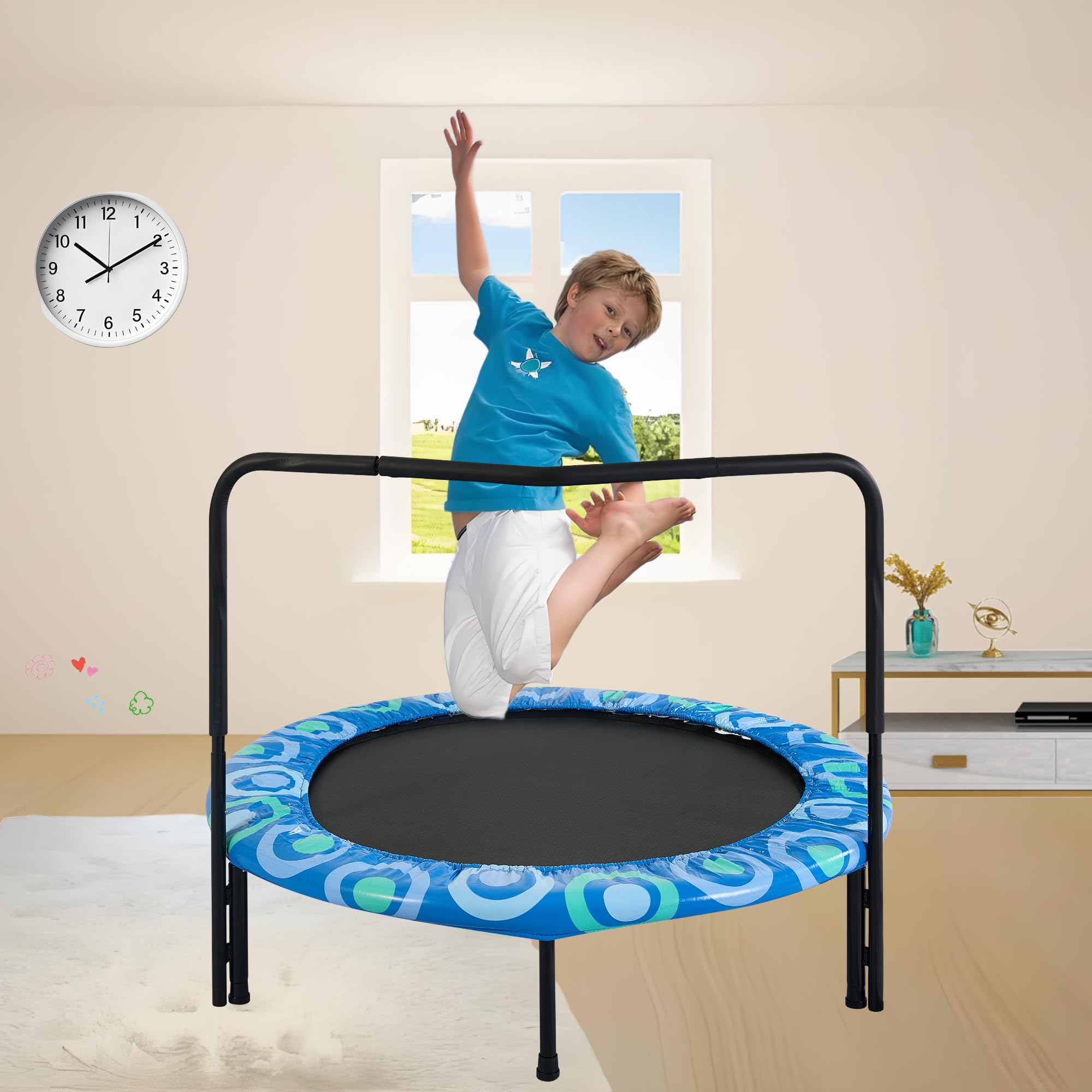 RockRain Foldable Kids Trampoline with Handrails: 3-7 Years Old Safe Bounce Play - Indoor & Outdoor Fun for Toddlers - Blue Steel Frame & Synthetic Bungee Jumping Mat