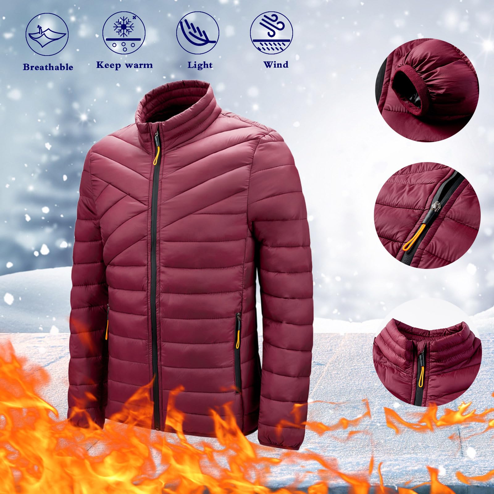 Piumino leggero da uomo, isolante, caldo, invernale, trapuntato, con cerniera intera, design con colletto rialzato, perfetto per il freddo e abbigliamento casual quotidiano, vestibilità comoda