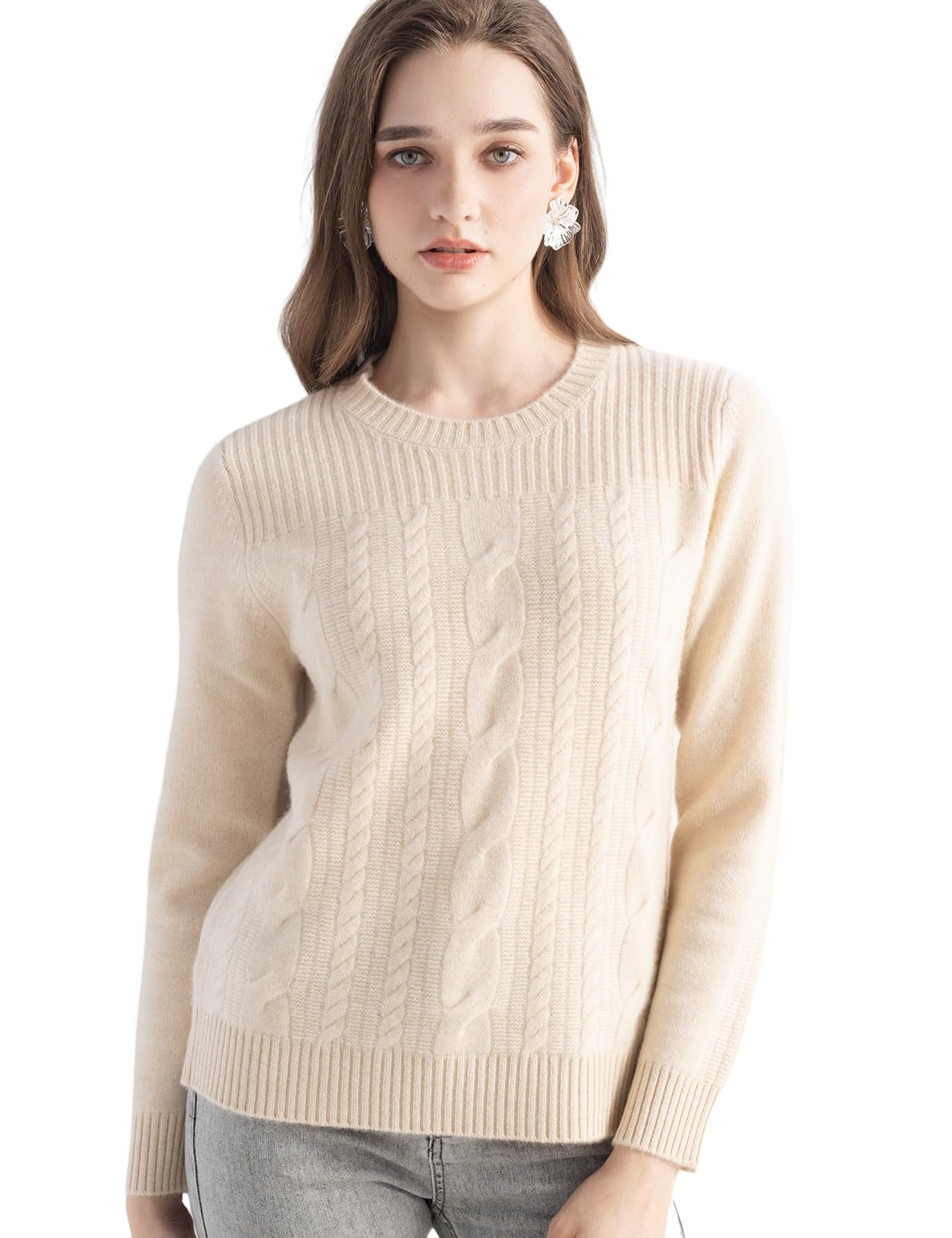 Chanyarn Womens 100 Cashmere Cable Knit Sweater Crewneck Long Sleeve Soft Casual Top Pullover for Fall Winter