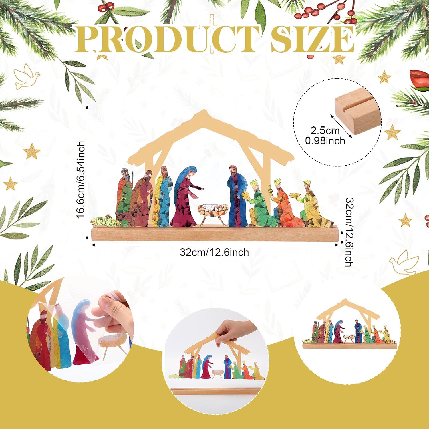 Christmas Nativity Set Indoor Acrylic Nativity Scene with Wooden Base Holy Family Xmas Table Decoration for Home Mantel Shelf Tabletop Display Holy Night Party Favor