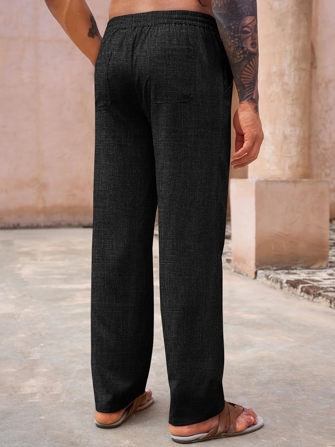 Runcati Mens Casual Pants Drawstring Elastic Waist Lightweight Linen Pants Loose Fit Straight Legs Beach Trousers - Image 3