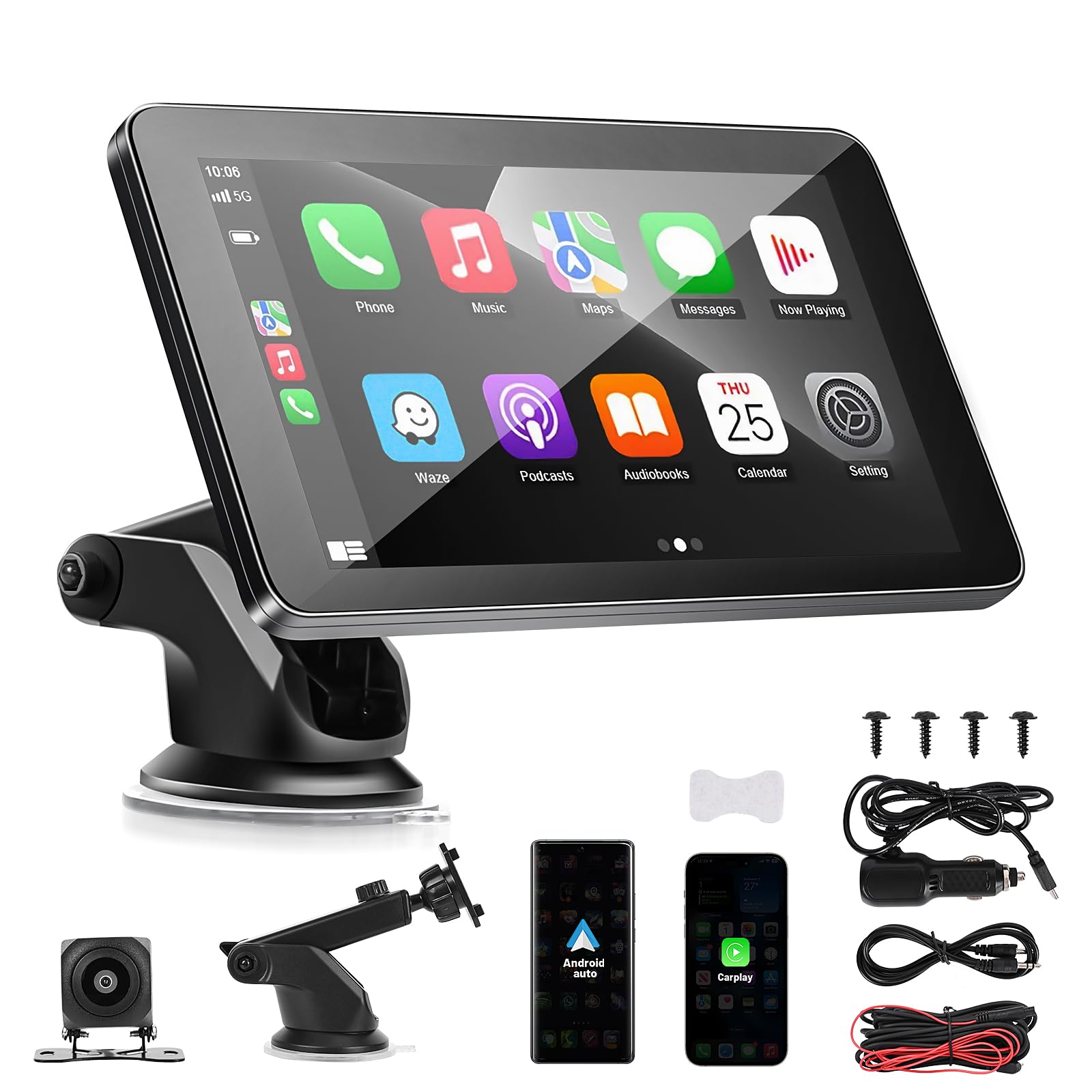 Estéreo Inalámbrico Carplay, Pantalla de Coche con Carplay y Android Auto inalambricos: Radio Portatil de 7 Pulgadas con Pantalla Tactil, Carplay Pantalla para Coche con Control de Asistencia por Voz