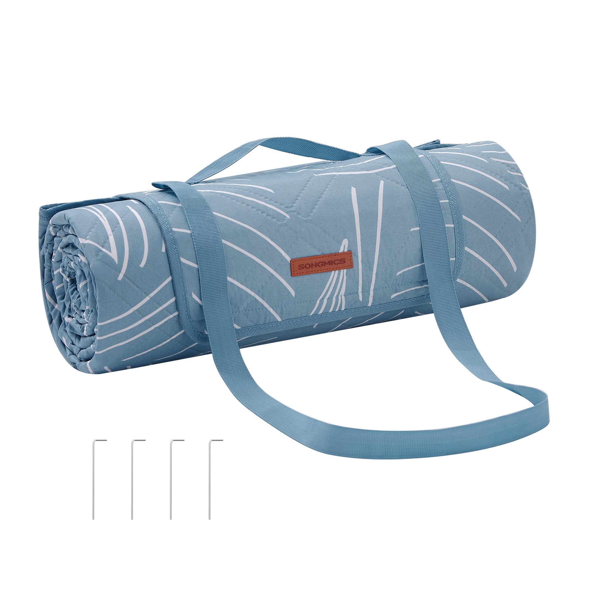 SONGMICS Couverture de Pique-Nique, 200 x 200 cm, avec 4 Piquets de Sol, Grand Tapis, pour Camping, Parc, Jardin, Plage, Hydrofuge, Lavable en Machine, Pliable, Motif Feuilles et Bleu Clair GCM010Q02
