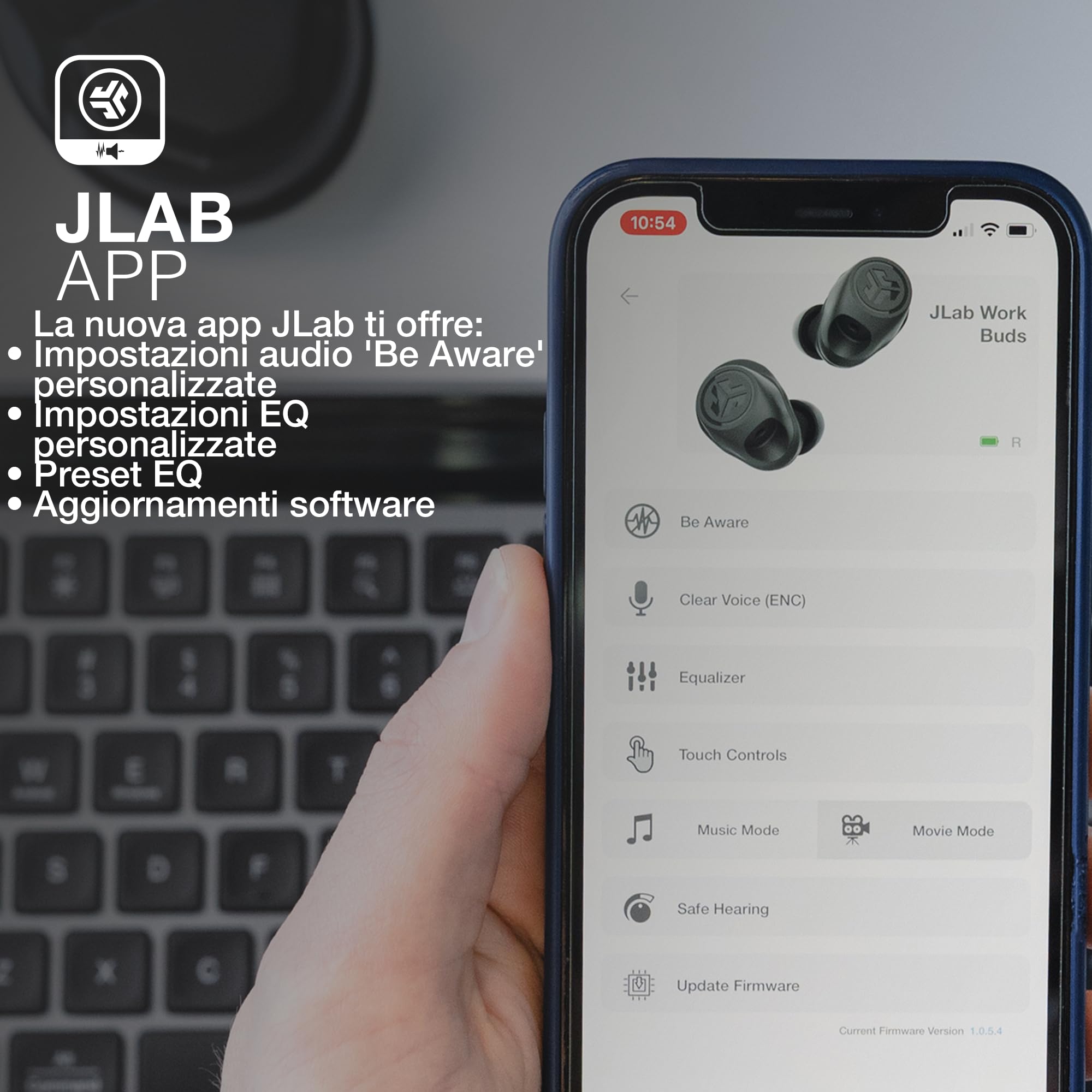 JLab Work Buds Cuffie Bluetooth, Auricolari Bluetooth, Cuffiette Piccole In Ear con Microfono, 55H+ Cuffie Senza Fili, Connessione simultanea a Computer e Telefono Cellulare