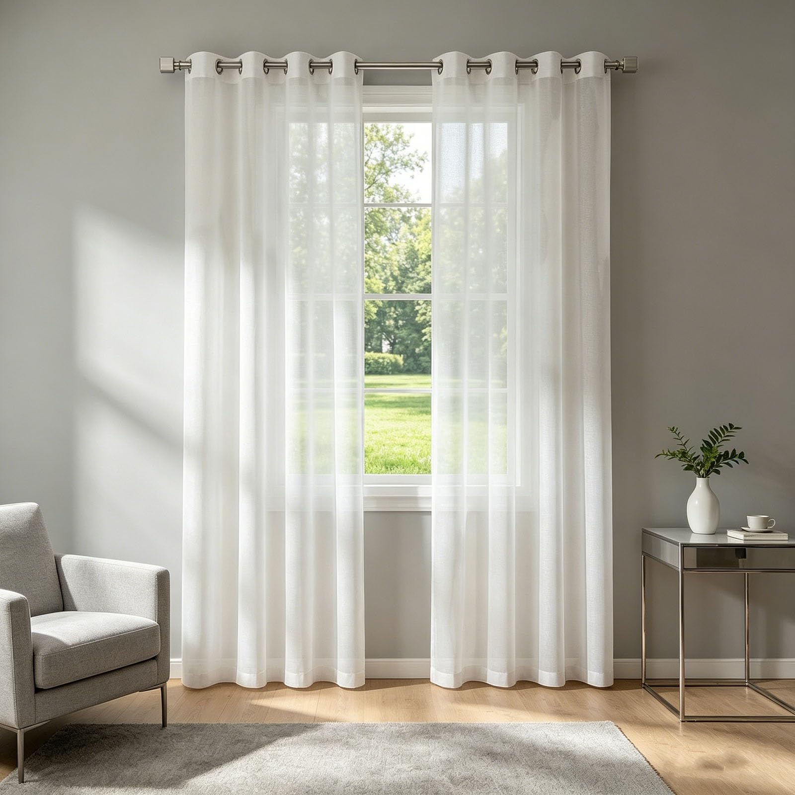 HOKXUAN Semi Transparent Eyelet Voile Panels 130 x 155 cm Soft Texture Linen Look Curtain with Pencil Pleat Eyelet Curtains for Bedroom, White