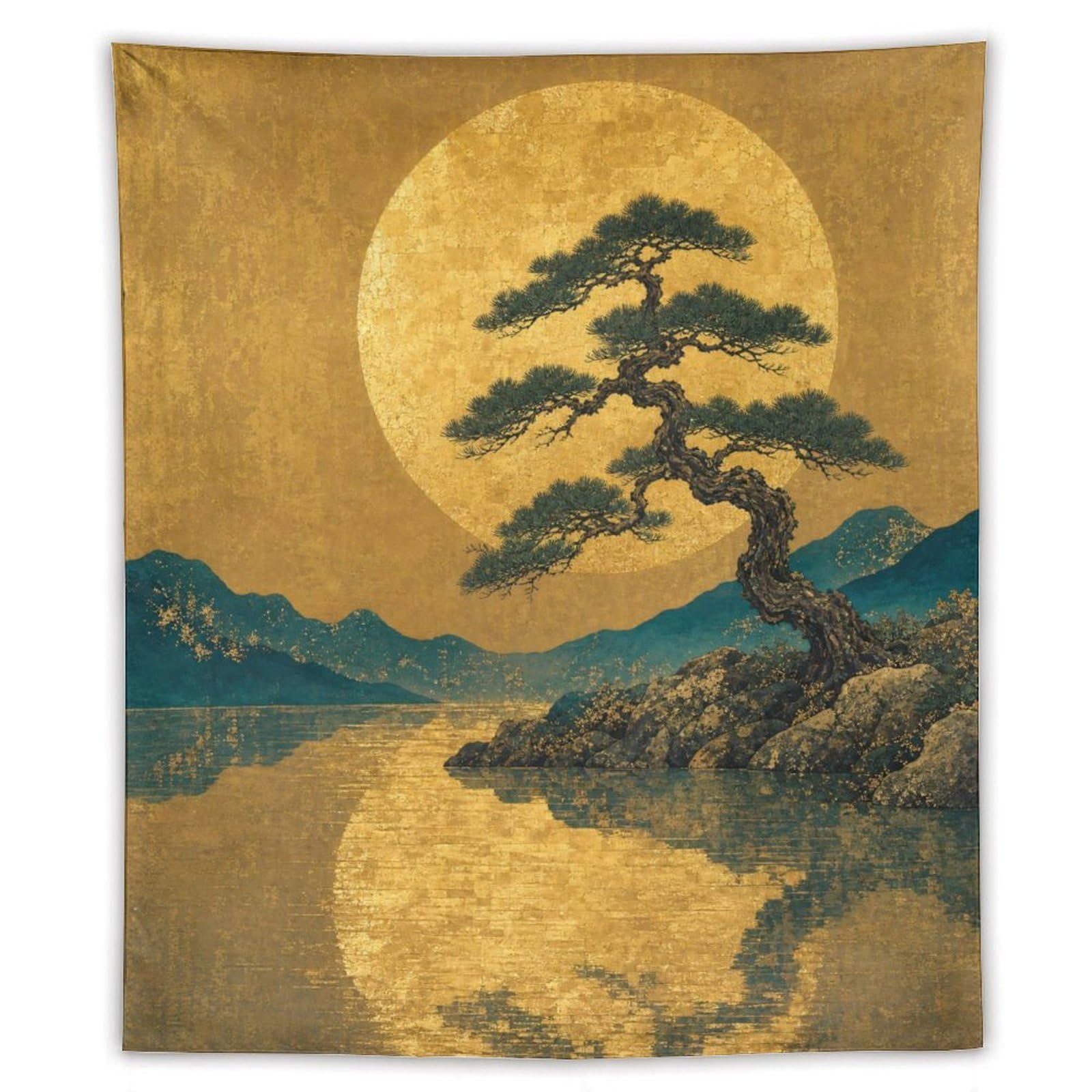 H3B8U2Y5 Golden Moon Pine Landscape Wall Tapestry, Ukiyo-e, Moonlit Sky