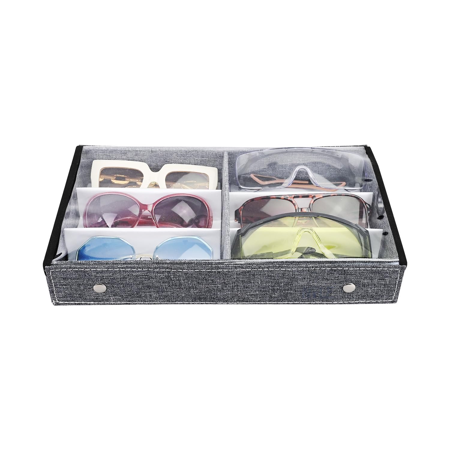 Ikee Design Large 6 Slot Eyewear Storage Organizer Box Display Case Holder, Durable Eye Glasses Storage for Eyeglasses, Watches and Jewelry 13 3/8 W x 7 3/4 D x 2 1/4 H in, Gray Linen