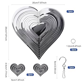 Campanello Eolico A Cuore In Acciaio - Decorazione Da Giardino, 20x15 Cm, Argento, Design Rotante