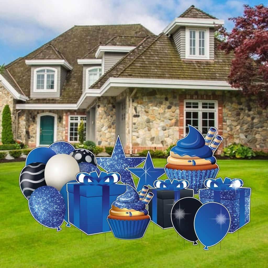 VictoryStore Birthday Decorations - Sparkle Accessories Set of 10 - Outdoor Yard Signs Package with Cupcake, Presents, Balloon Signs (Blue)