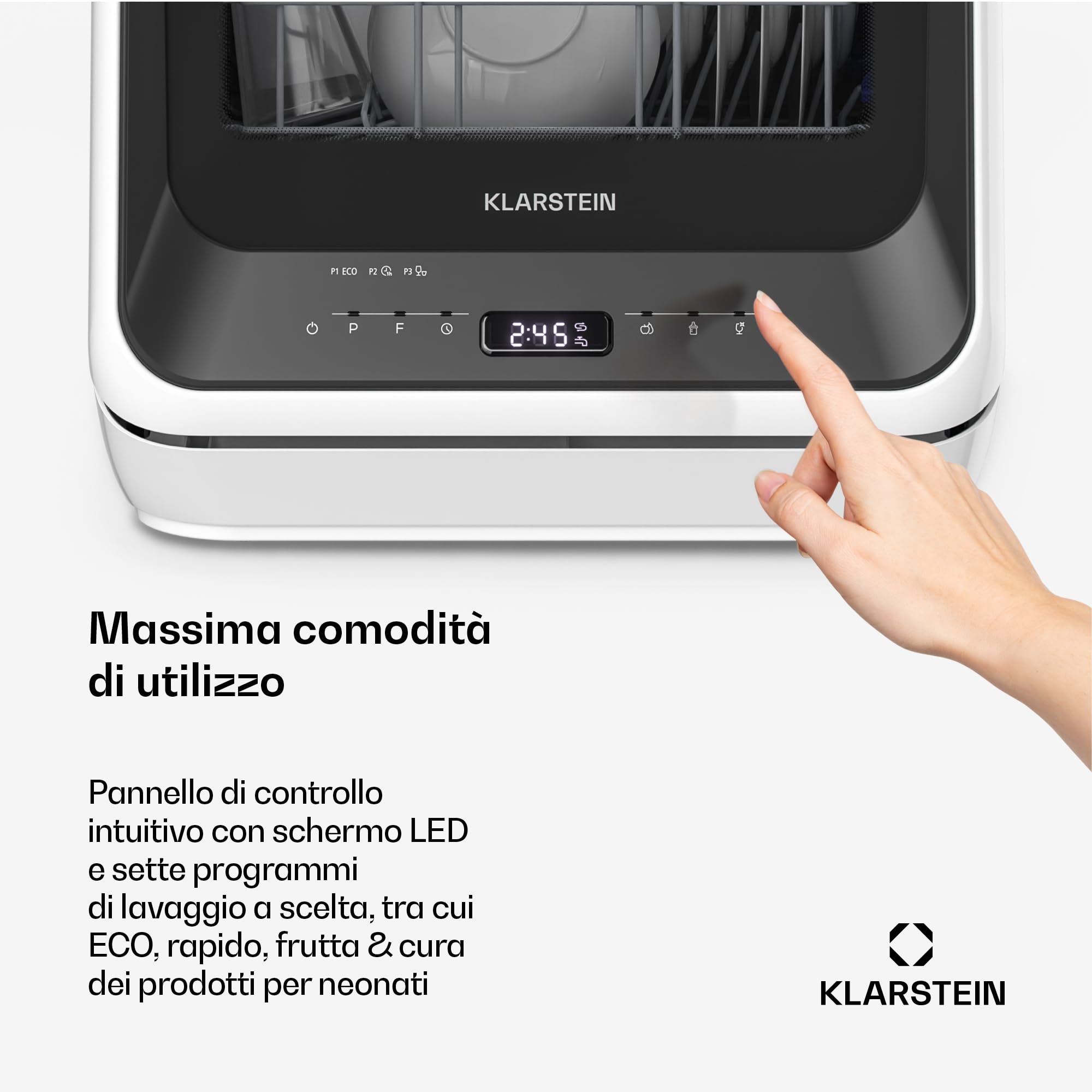 Klarstein Amazonia Mini Lavastoviglie – Portatile Compatta, 7 Programmi, 5L Serbatoio o Attacco Diretto, Silenziosa 58dB, Classe energetica D, Display Digitale, per Cucine Piccole, Nero