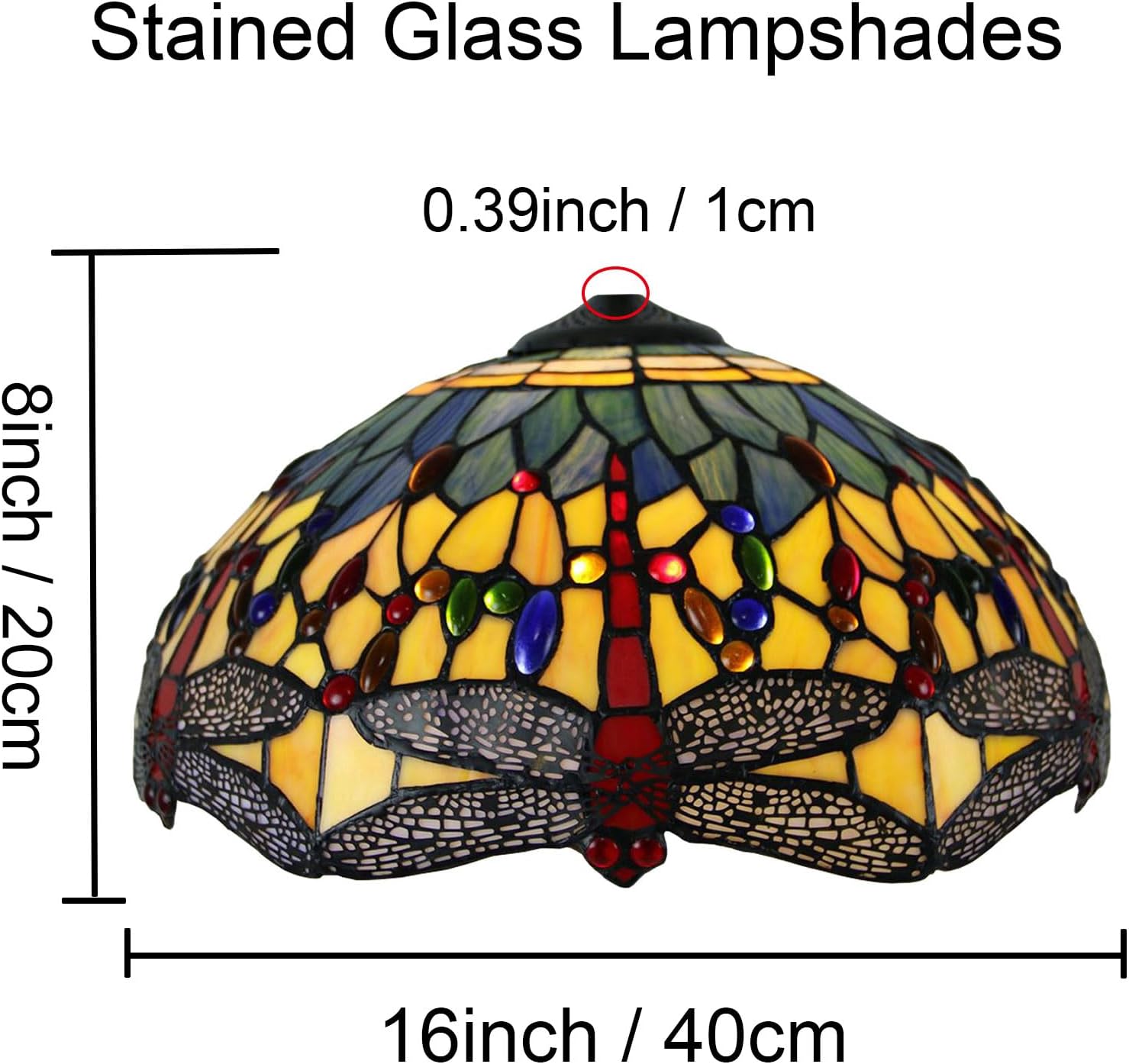 Dragonfly Style Stained Glass Lamp Shade Replacement Only 16X8 Inch Tiffany Lampshades Vintage Handmade Sea Blue Yellow Red Light Cover for Table Lamp Pendant Light Floor Lamp,Red