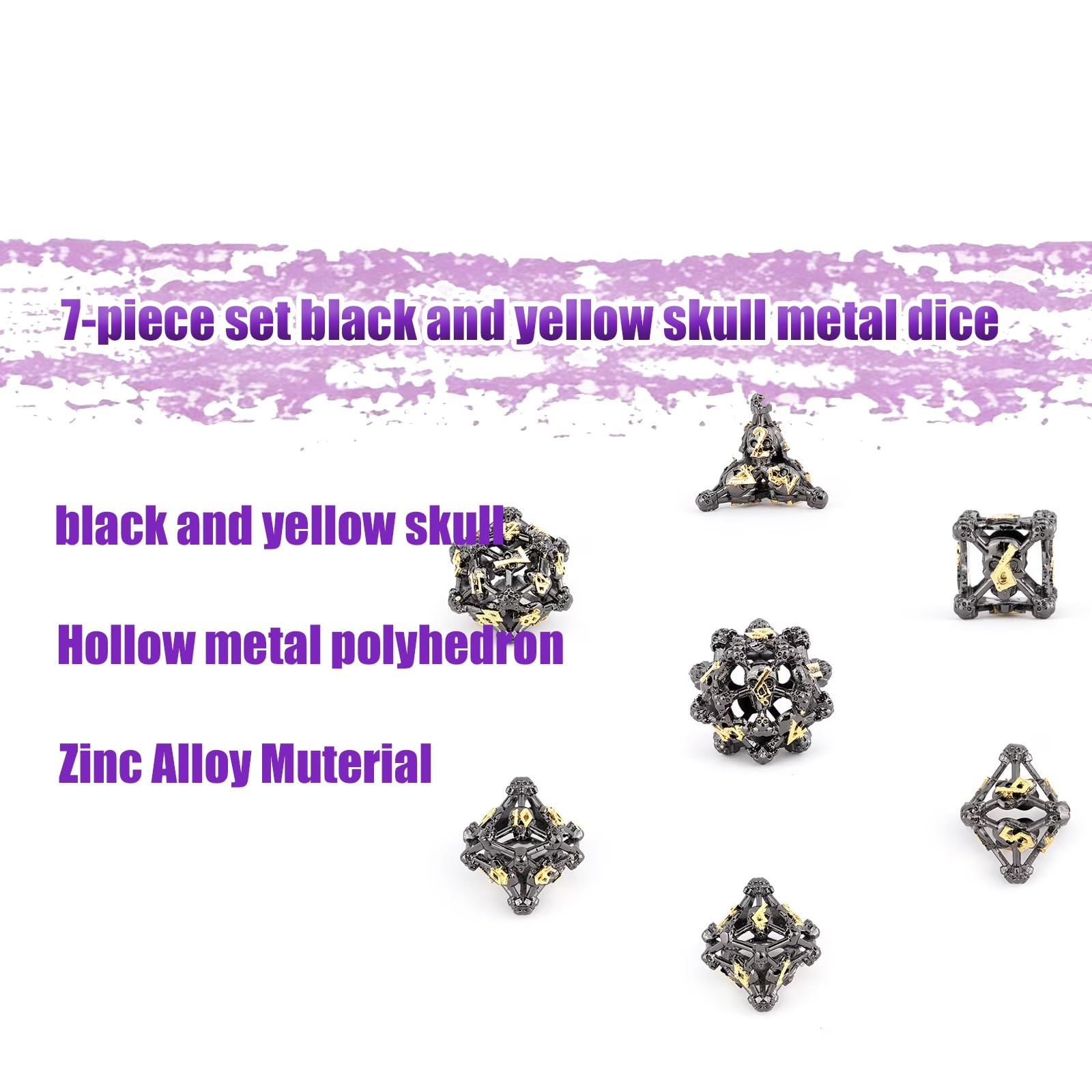 Ensemble de 7 Dés en Métal à Tête de Mort Noire et Jaune, Polyèdres Creux, Compatibles avec Les Jeux de Rôle de Plateau et de Cartes