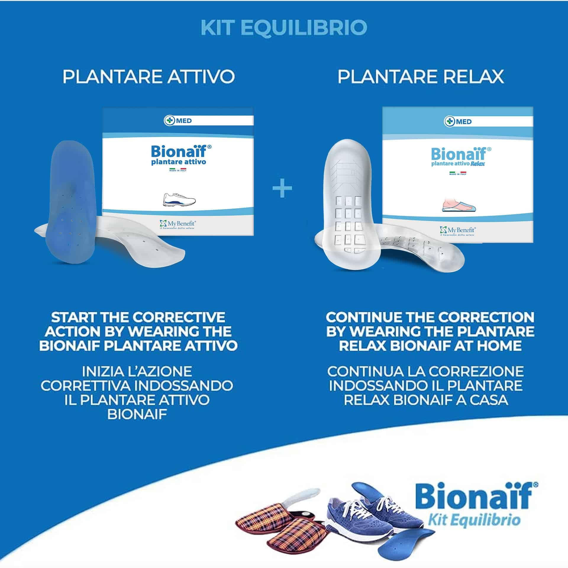 Bionaif Kit Equilibrio, Plantari per Fascite Plantare, Alluce Valgo, Piede Piatto, Tallonite, per Scarpe Chiuse, Ciabatte e Sandali, Taglia 39-42 (71e 80 kg), Made in Italy, 2 Coppie (4 Pezzi)