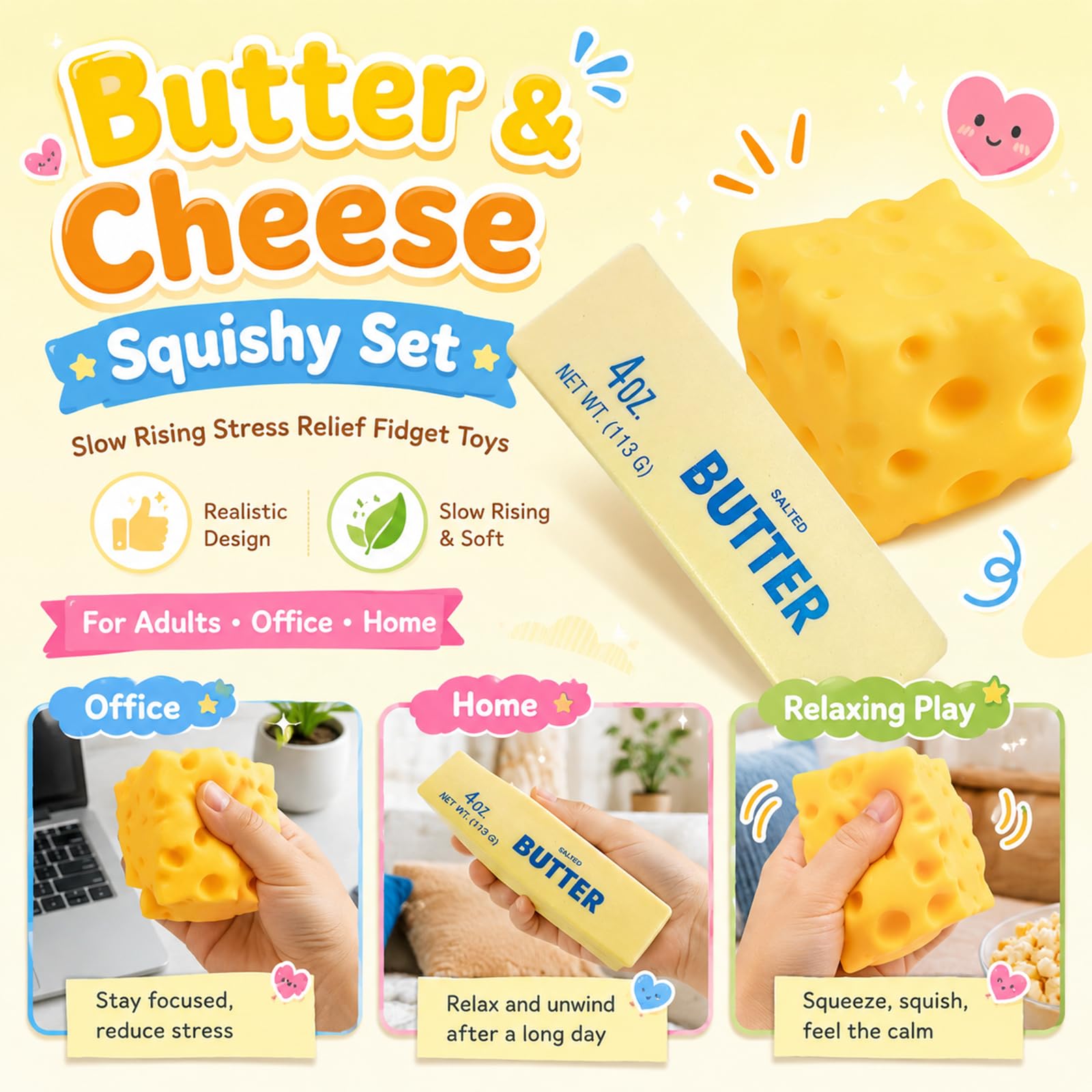 Cheese Butter Squishy Antistress 2 Pezzi, Squishy Formaggio e Burro, Squeeze Toy Giocattoli, Sensoriali Fidget Toy per Bambini e Adulti, Palla Antistress Regalo Divertente (A)