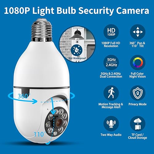 Miniatura 8 de Cámara de seguridad de bombilla, 1080P 5GHz y 2.4GHz Cámara de seguridad para bombilla Cámara de mascotas con aplicación de teléfono PTZ de 360