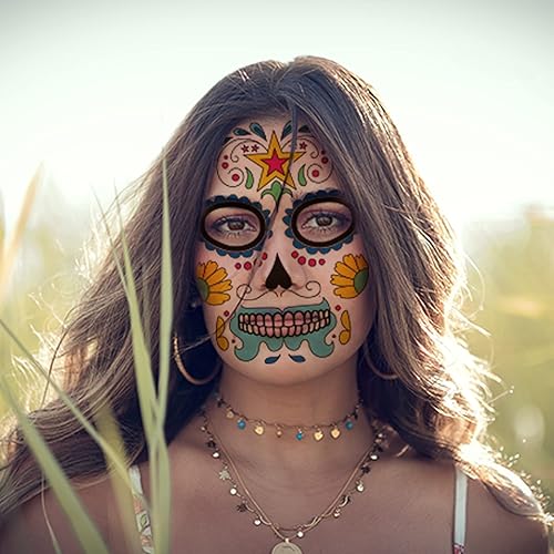 Miniatura 5 de 18 hojas de tatuajes temporales del día de los muertos, calavera de azúcar para adultos, esqueleto falso, rosas rojas, tatuajes de Halloween,