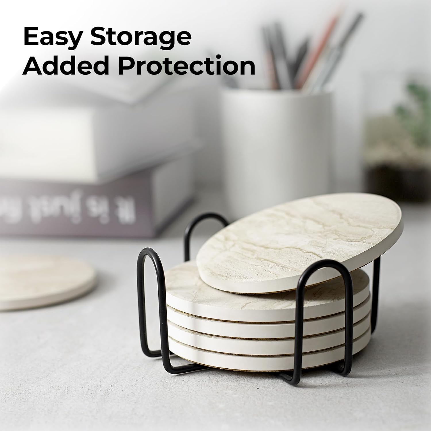 LIFVER Coasters for Coffee Table, Coasters for Drinks Absorbent, Drink Coasters, Housewarming Gift, Home Decor, Set of 6, Farmhouse Coaster Set with Holder, 4 Inches, Sandstone Style - Image 6