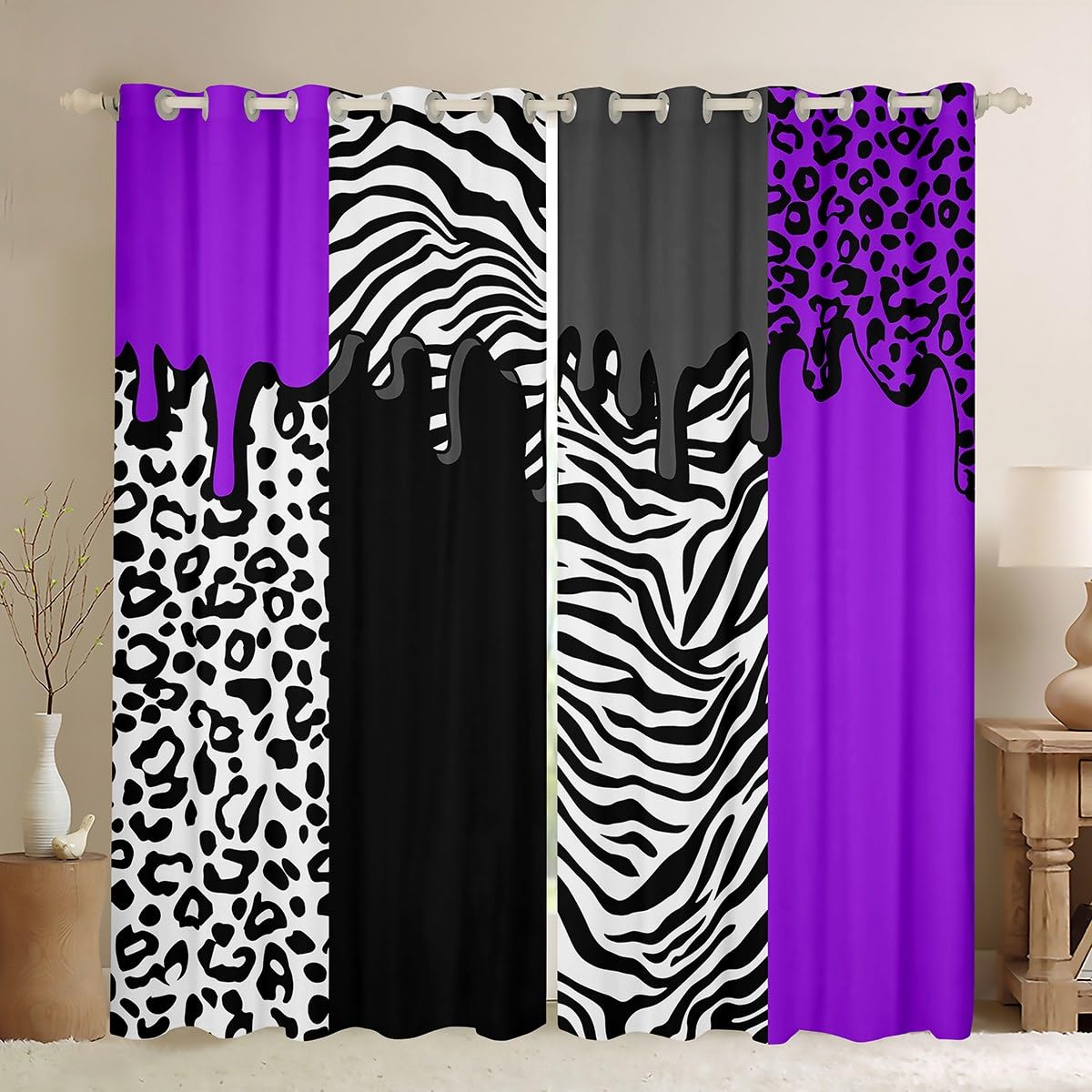 Loussiesd Leopard Curtains for Bedroom Living Room Girls Boys Kids (2 Panels, W52*L90) Purple Black White Cheetah Blackout Curtains Animal Print Darkening Dreapes Safari Zebra Window Treatments โ image 1
