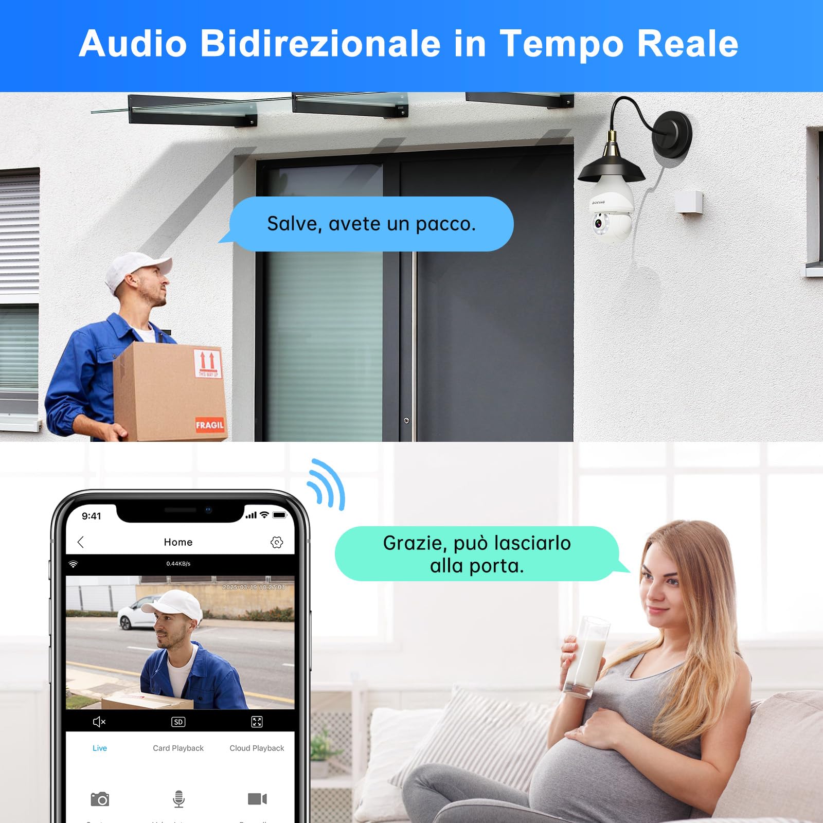 Telecamera Lampadina WiFi 2K，Videocamera Sorveglianza 2.4/5GHz | Visione Notturna, Rilevamento Movimento, Auto-Tracking, Audio Bidirezionale, E27 Standard per Esterno/Interno (2pezzo)