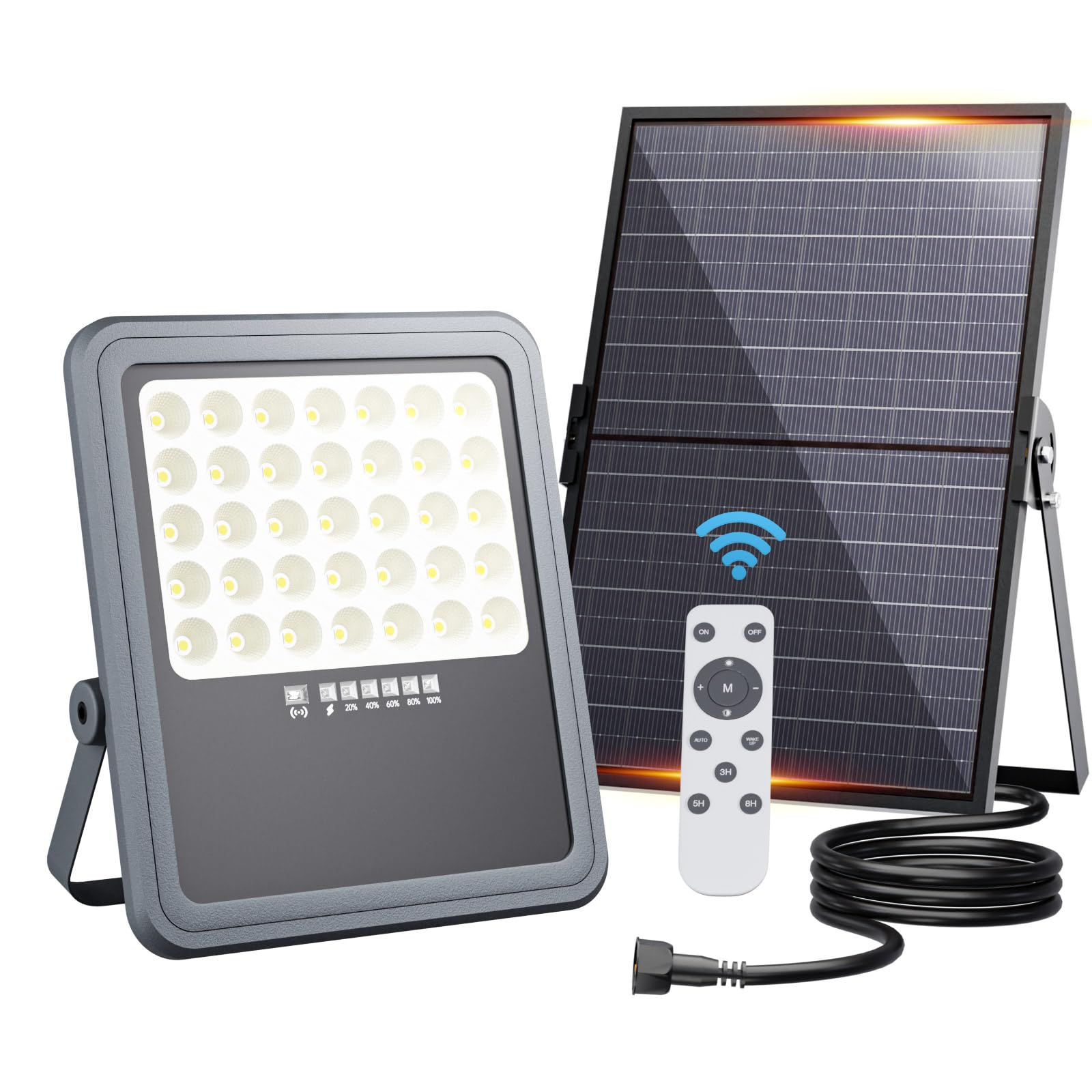 Lampe Solaire Exterieur, Batterie de grande capacité de 18,000 mAh, Lumiere Solaire Exterieur 6500K, plus de 2000lm, étanche IP66, Pour jardins et terrasses avec Télécommande, câble de 2,5 m