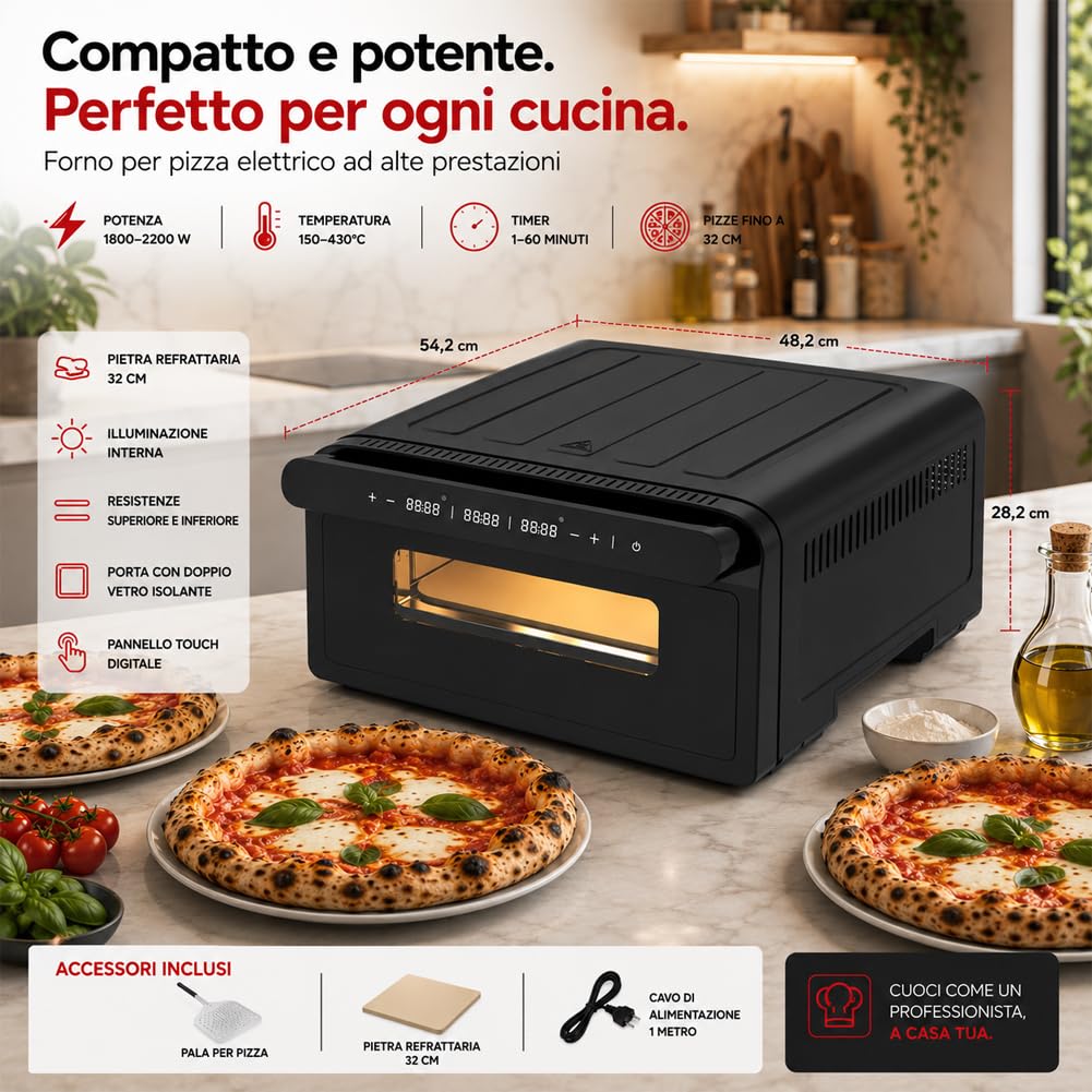 BAKAJI Forno Elettrico per Pizza Potenza 2200Watt, Pietra Refrattaria da 32 cm, Cottura in 3 Minuti, Calore Omogeneo 360°, Pizza Maker con Timer Regolabile, Temperatura 150-430°C, Nero