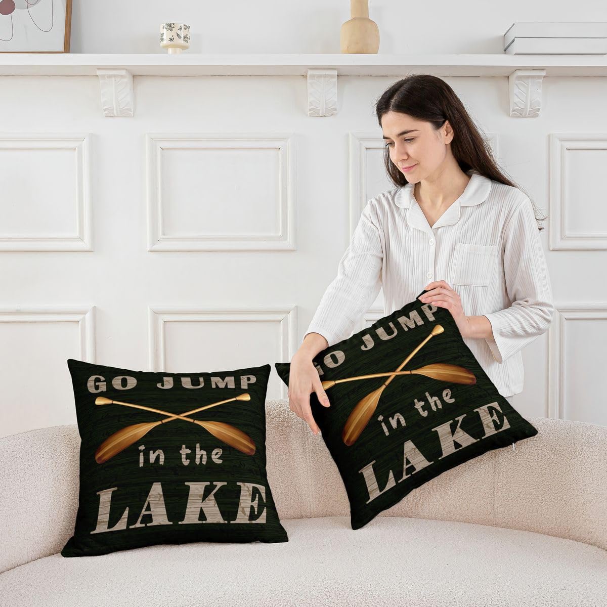 Pack of 2 Lake Rules Decorative Throw Pillow Covers, Soft Welcome to Lake Cabin Square Cushion Case Set for Couch Bedroom Living Room,Lake House Decor Black Pillow Cases Pillowcases,24x24 Inches