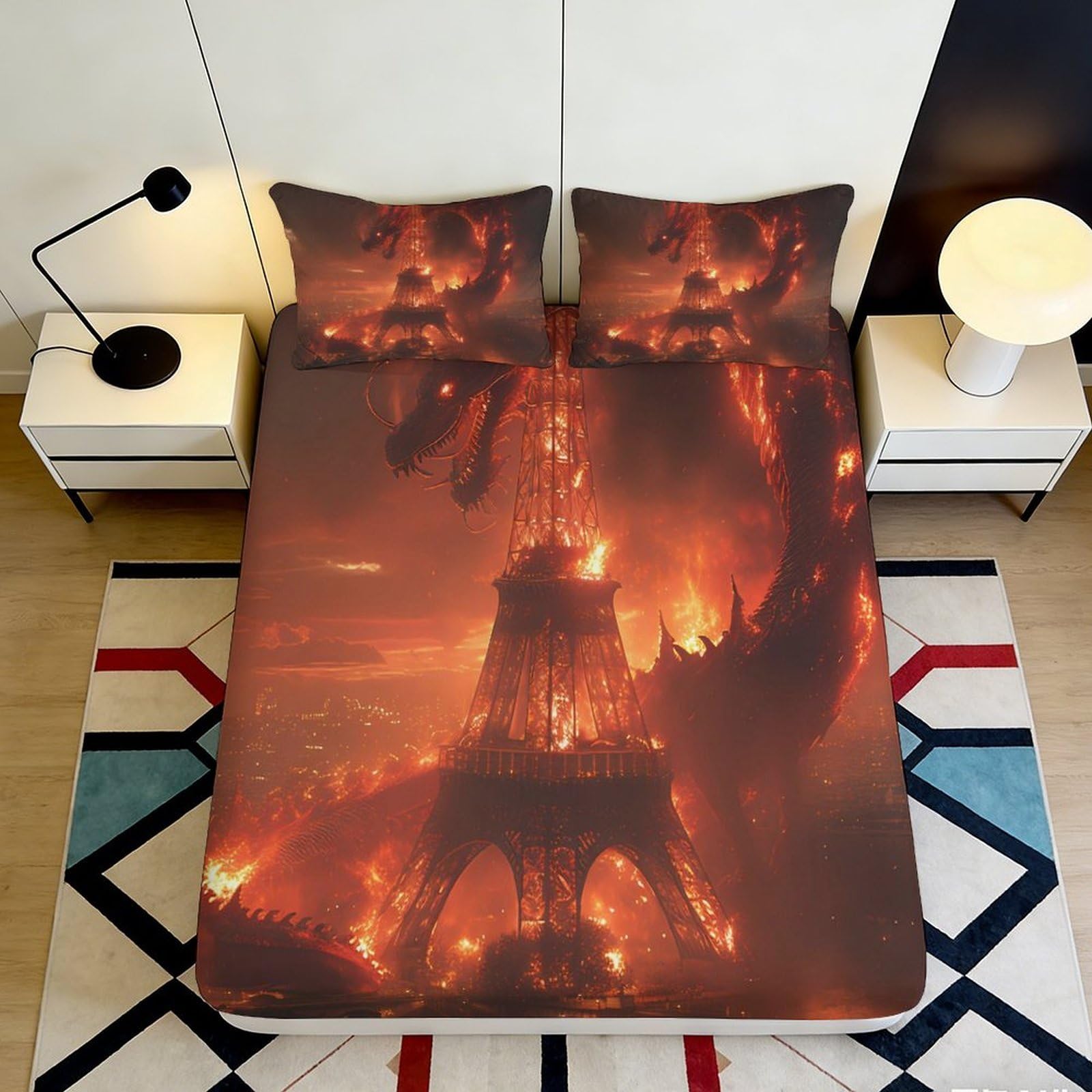 3D Printed Fiery Castle Fitted Sheet Microfiber Soft Breathable Dragon Fortress Mattress Cover for Bedroom Decor 90x200x25cm