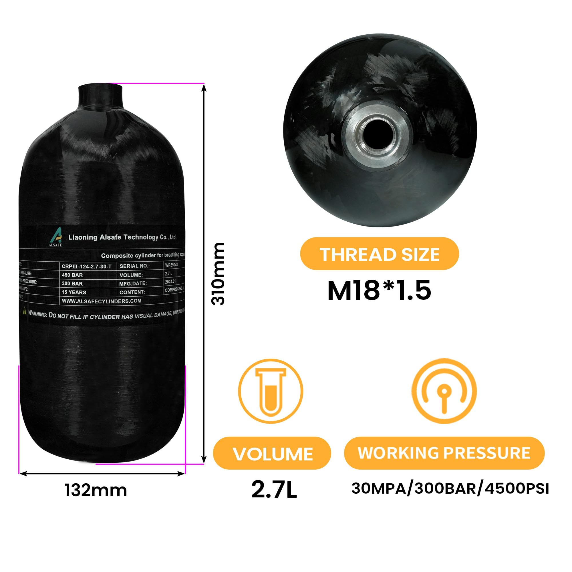 TUXING Cilindro di Ara in Fibra di Carbonio 2.7L 164Cu in 2700CC Cilindro Composito ad Alta Pressione,Cilindro di Immersione,Cilindro di Gas per Immersioni Profonde,Cilindro Aria Pcp per Fucile ad