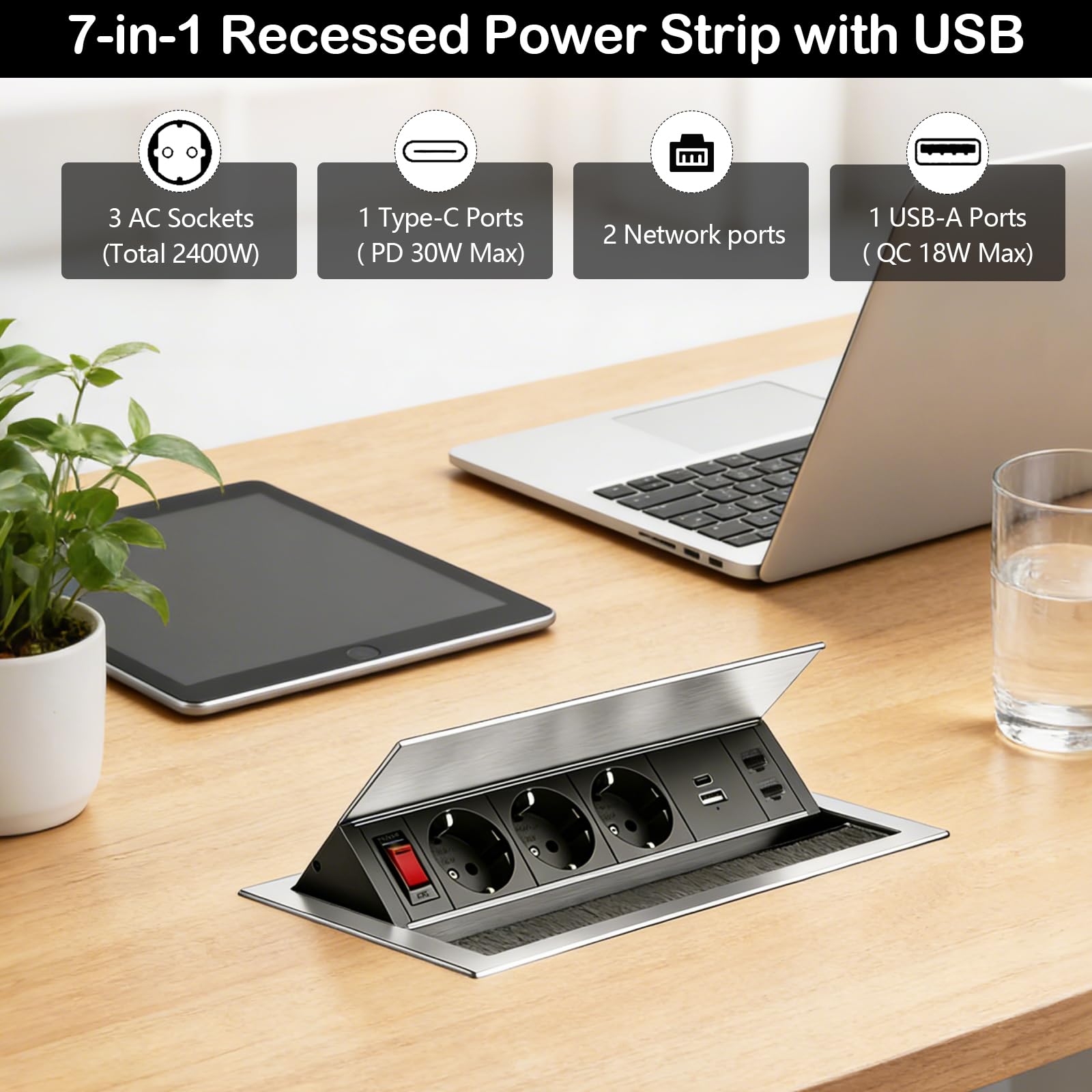 Enchufe Empotrable de Aluminio de 3 Enchufes con Tipo C, USB y 2 CAT6, Regleta Retráctil con Interruptor Ángulo Ajustable para Cocina, Escritorio y Oficina, Cable de 1,8M
