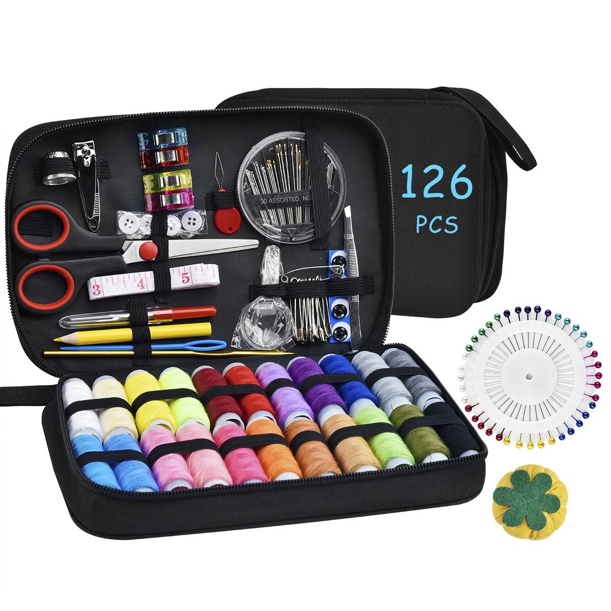RFWIN Sewing Kit, Premium Sewing Supplies for Beginner/Traveler/Emergency/Adults DIY Sewing, Portable 126pcs Sewing Accessories with Complete Needle and Thread Kit, Scissors, Carrying Case