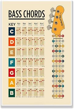 PQFNJEY Bass Guitar Chord Chart Poster, Major Minor Dominant 7 Chords,Music Reference Guide Wall Art Decor16x24 inches-Unframed