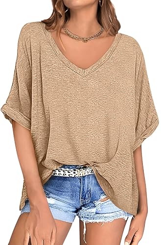 UEU Womens Oversized T-Shirts Summer V Neck Casual Shirts Short Sleeve Workout Tunic Tops - Large - Heather Khaki