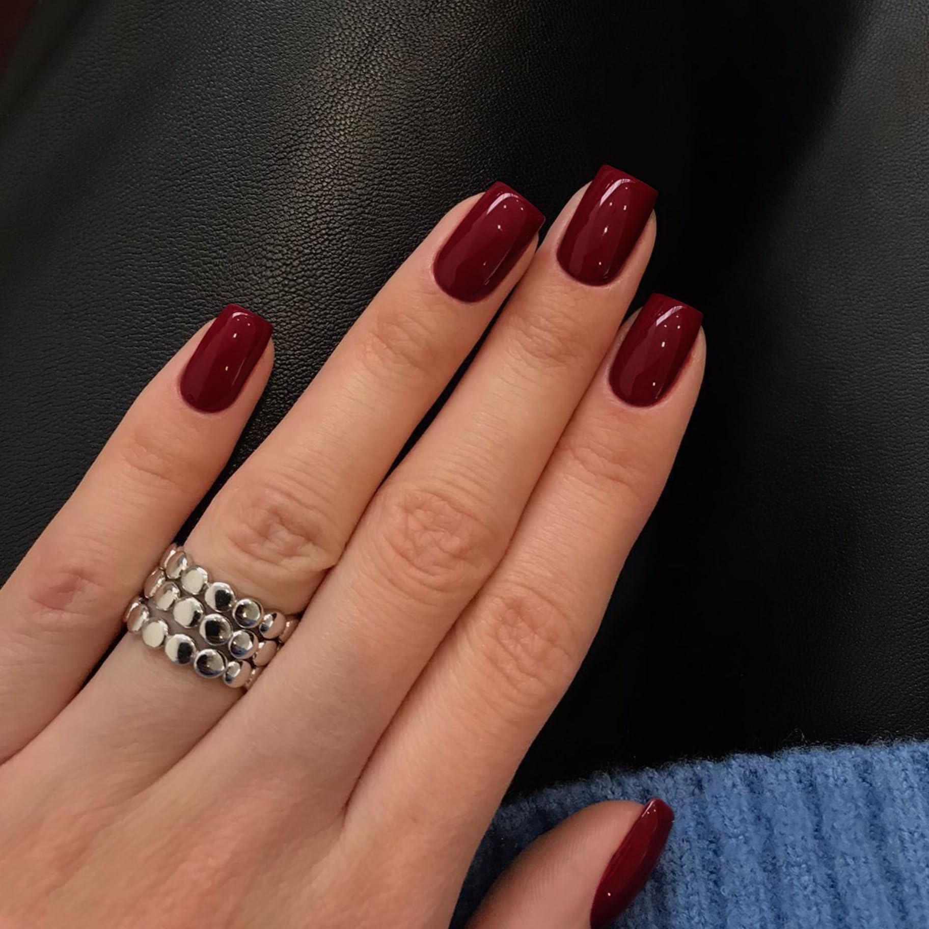 SXVME Burgundy Red Press on Nails Medium Short Square, Short False Nails Coffin, Gossy Wine Red Fake Nails Set, Natural Fit - Image 2
