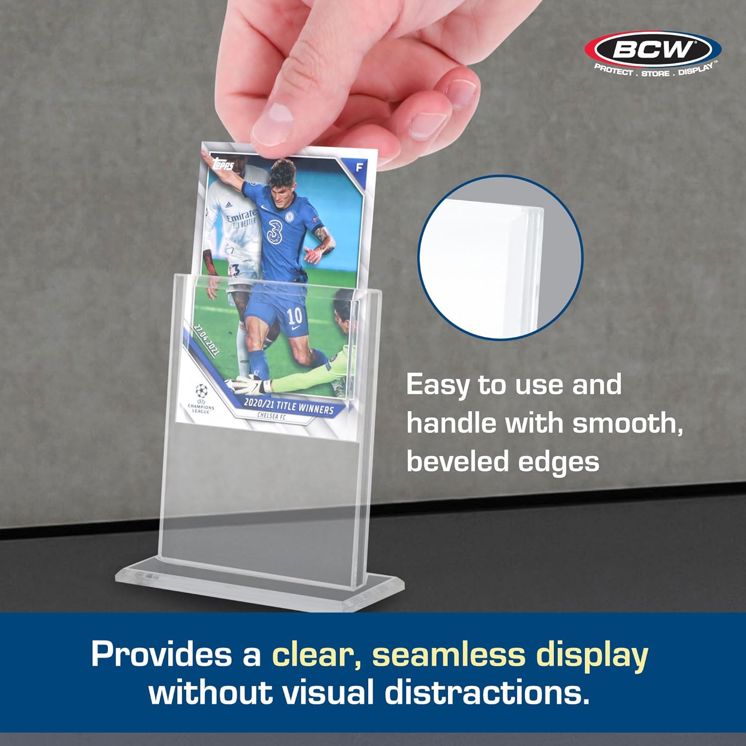 BCW Trading Card Display Stand - 1 ct | Acrylic Card Holder Stand for Sports Cards, Pokémon & TCG | Stable Vertical Card Stand with Beveled Edges | Clear Sports Card Display Stand