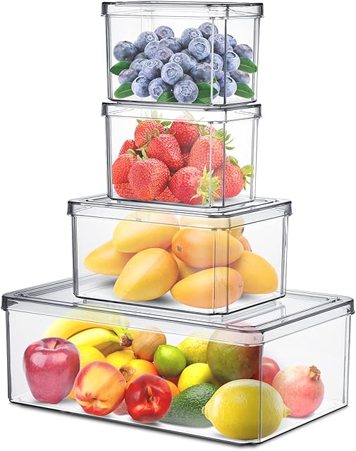 Esyhomi Fridge Food Storage Containers, Set of 4 Pcs Plastic Food containers with Transparent Lids, Stackable Refrigerator Cupboard Organiser Keeper, Tray to Keep Fruits, Eggs, Vegetables